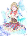  :d blue_hairband blush bow brown_hair bug butterfly butterfly_background butterfly_on_hand clenched_hand crown detached_sleeves eyebrows_visible_through_hair flower frilled_sleeves frills hair_bow hairband hand_on_own_chest highres insect koizumi_hanayo lace_trim looking_at_viewer love_live! love_live!_school_idol_festival love_live!_school_idol_project mini_crown neck_ribbon no_socks open_mouth purple_eyes ribbon shino_(shinderera) shoe_flower short_hair signature sitting skirt smile solo striped vertical-striped_skirt vertical_stripes wariza 