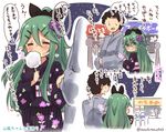  1girl ^_^ admiral_(kantai_collection) black_hair blue_eyes blush closed_eyes commentary_request cotton_candy floral_print food food_on_face food_stand green_hair hair_between_eyes heart holding holding_food japanese_clothes kantai_collection kimono long_hair obi open_mouth pointing sash short_hair summer_festival suzuki_toto translated twitter_username yamakaze_(kantai_collection) yukata 