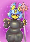 2017 4_fingers animal_crossing ankha anthro belly big_breasts blue_hair breasts cat clothed clothing digital_media_(artwork) egyptian eyelashes feline female fingerless_gloves gloves hair holding_object leather mammal melee_weapon nintendo polearm sirphilliam slightly_chubby solo spear suit thick_thighs tight_clothing video_games weapon wide_hips 