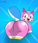  big_butt blue_eyes blush_sticker butt cat elcyandrive98 equine eyelashes featureless_crotch feline feral horn huge_butt hybrid looking_back mammal shiny signature smile solo the_lego_movie unicorn unikitty 