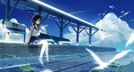  barefoot bench bird black_eyes black_hair day highres lily_pad long_hair looking_at_viewer neckerchief original outdoors railroad_tracks red_neckwear school_uniform serafuku sign sitting soaking_feet solo train_station yuzua 