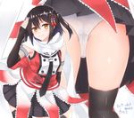  2017 arm_warmers ass asymmetrical_legwear black_hair black_legwear black_neckwear black_skirt brown_eyes dated dress gradient gradient_background grey_background hair_ornament highres ka_tsumi kantai_collection looking_at_viewer mtu_virus multiple_views necktie panties pantyshot pantyshot_(standing) pleated_skirt red_dress remodel_(kantai_collection) sailor_collar salute scarf sendai_(kantai_collection) signature single_thighhigh skindentation skirt skirt_lift standing thighhighs twitter_username two_side_up underwear white_panties 