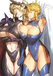  ahoge arm_holding arm_up armpits artoria_pendragon_(all) artoria_pendragon_(lancer) artoria_pendragon_(lancer_alter) bangs bare_shoulders black_gloves black_legwear black_leotard blonde_hair blue_gloves blue_legwear blue_leotard braid breast_press breasts cape cleavage cleavage_cutout collarbone commentary_request covered_navel crown dual_persona elbow_gloves eyelashes fate/grand_order fate_(series) fur-trimmed_cape fur_trim gauntlets gloves green_eyes hair_bun hand_on_another's_arm hand_on_another's_hip highleg highleg_leotard highres hips large_breasts leotard looking_at_viewer melon22 multiple_girls navel pale_skin parted_lips ribbed_legwear ribbed_leotard shiny shiny_skin sidelocks simple_background swept_bangs thigh_cutout thighs toned turtleneck underboob white_background yellow_eyes 