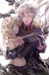  1girl aldnoah.zero arm_around_waist asseylum_vers_allusia bare_shoulders black_gloves blonde_hair blue_eyes breasts cleavage elbow_gloves fingerless_gloves gloves hetero holding_hands koto-yori long_hair looking_at_viewer medium_breasts midriff navel slaine_troyard standing 