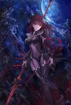  bad_id bad_pixiv_id black_legwear blush breasts brown_hair cleavage eyebrows_visible_through_hair fate/grand_order fate_(series) holding holding_spear holding_weapon large_breasts long_hair looking_at_viewer navel parted_lips polearm red_eyes scathach_(fate)_(all) scathach_(fate/grand_order) shino_(shinderera) smile solo spear thighhighs weapon 