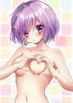  bad_id bad_pixiv_id blush breasts collarbone commentary eyebrows eyebrows_visible_through_hair eyelashes eyes_visible_through_hair fate/grand_order fate_(series) hair_over_one_eye hands_on_own_chest hands_up heart heart-shaped_boob_challenge heart_hands highres looking_at_viewer mash_kyrielight medium_breasts navel nipple_press nipples nude open_mouth parted_lips pink_lips purple_eyes purple_hair shanghai_bisu shiny shiny_skin short_hair solo stomach teeth twitter_username upper_body 