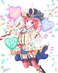  animal_ears bad_id bad_pixiv_id balloon beamed_eighth_notes beamed_sixteenth_notes black_hat blush bunny_ears character_name closed_umbrella confetti copyright_name detached_sleeves eighth_note eyebrows_visible_through_hair fake_animal_ears frilled_shirt_collar frilled_sleeves frills garter_straps hand_on_headwear hat heart highres looking_at_viewer love_live! love_live!_school_idol_festival love_live!_school_idol_project musical_note nishikino_maki open_mouth outstretched_hand overskirt purple_eyes quarter_note red_hair red_legwear shino_(shinderera) short_hair signature smile solo string_of_flags striped striped_legwear striped_sleeves suspenders thighhighs top_hat umbrella vertical-striped_legwear vertical_stripes 