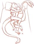 2017 anthro aogami barefoot bed bibigrou claws clothing cub dragon duo eyes_closed fur furred_dragon hug long_tail male male/male mammal marine monochrome on_bed pajamas pillow pinniped seal simple_background toe_claws white_background xine young 