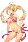  aguy ahoge bangs bikini blonde_hair blush breasts cleavage closed_mouth commentary_request contrapposto criss-cross_halter eyebrows_visible_through_hair fate/grand_order fate_(series) green_eyes hair_between_eyes hair_intakes halterneck large_breasts long_hair looking_at_viewer navel nero_claudius_(fate)_(all) nero_claudius_(swimsuit_caster)_(fate) red_bikini red_ribbon ribbon side-tie_bikini sidelocks simple_background smile solo standing striped striped_bikini swimsuit thighs twintails white_background 