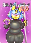  2017 4_fingers animal_crossing ankha anthro belly big_breasts blue_hair breasts cat clothed clothing digital_media_(artwork) egyptian english_text eyelashes feline female fingerless_gloves gloves hair headdress holding_object hypnosis leather magic mammal melee_weapon mind_control nintendo polearm sirphilliam slightly_chubby solo spear suit text thick_thighs tight_clothing video_games weapon wide_hips 