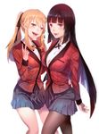  black_hair black_legwear black_skirt blonde_hair breasts eyebrows_visible_through_hair highres jabami_yumeko jewelry kakegurui large_breasts long_hair looking_at_viewer medium_breasts multiple_girls pantyhose parted_lips red_eyes ring saotome_meari skirt smile teeth thumb_ring twintails yellow_eyes zema_haru 