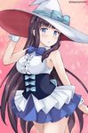  arm_at_side bangs banned_artist bare_arms bare_shoulders blue_bow blue_eyes blue_neckwear blunt_bangs blush bow bowtie breasts buttons center_frills commentary_request cosplay cowboy_shot dress eyebrows_visible_through_hair frilled_dress frilled_skirt frills hand_on_headwear hand_up hat hat_bow legs_together long_hair looking_at_viewer magical_girl medium_breasts new_game! parted_lips purple_hair short_dress sidelocks skirt sleeveless sleeveless_dress solo standing takimoto_hifumi tasora twitter_username very_long_hair white_hat witch_hat wrist_cuffs 