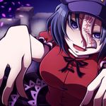  blue_eyes blue_hair blurry blurry_background breasts commentary dress evil_smile graveyard hat jiangshi large_breasts miyako_yoshika ofuda outstretched_arms puffy_sleeves red_dress shaded_face short_hair short_sleeves skirt smile solo tombstone tottsuman touhou upper_body zombie zombie_pose 
