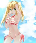  absurdres ahoge armpits bikini blonde_hair breasts cloud contrapposto cowboy_shot criss-cross_halter day eyebrows_visible_through_hair fate/grand_order fate_(series) green_eyes halterneck highres light_rays long_hair looking_at_viewer medium_breasts mouth_hold navel nero_claudius_(fate)_(all) nero_claudius_(swimsuit_caster)_(fate) outdoors side-tie_bikini skindentation sky solo standing stomach striped striped_bikini swimsuit twintails tying_hair yuzuki_shia 