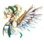  alternate_costume blonde_hair blue_eyes breasts commentary dress feathered_wings from_side hair_over_one_eye head_wreath headpiece high_ponytail highres jewelry laurel_crown mechanical_wings medium_hair mercy_(overwatch) nvalkyrja overwatch profile red_lips short_sleeves simple_background small_breasts solo upper_body white_background white_dress winged_victory_mercy wings 