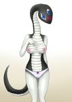  a_centaur&#039;s_life anthro blue_eyes blush breasts clothing female multi_eye nipples orca_(artist) panties quetzalcoatl_sassassul reptile scalie simple_background snake solo underwear 
