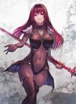  absurdres bangs bodysuit breasts commentary_request covered_navel fate/grand_order fate_(series) feet_out_of_frame gae_bolg hair_intakes highres holding holding_spear holding_weapon irikawa large_breasts long_hair looking_at_viewer open_mouth painting polearm red_eyes red_hair scathach_(fate)_(all) scathach_(fate/grand_order) smile solo spear standing thighhighs weapon 