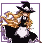  apron black_dress black_hat blonde_hair broom clenched_hand commentary_request cowboy_shot dress fist_pump hat hat_ribbon holding holding_broom kirisame_marisa long_hair looking_at_viewer puffy_sleeves ribbon short_sleeves smile solo tottsuman touhou very_long_hair waist_apron white_ribbon witch_hat yellow_eyes 