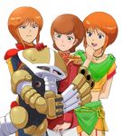  3girls anger_vein blue_eyes brown_hair elpeo_puru gacha-m green_eyes gundam gundam_zz hug juagg mecha military_uniform mineva_lao_zabi multiple_girls necklace orange_hair pilot_suit puru_two short_hair sweatdrop 