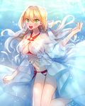  :d ahoge bikini blonde_hair breasts dress earrings fate/grand_order fate_(series) green_eyes hair_down hair_intakes hair_ribbon halterneck jewelry large_breasts long_hair looking_at_viewer moe_(hamhamham) navel nero_claudius_(fate)_(all) nero_claudius_(swimsuit_caster)_(fate) open_mouth ribbon see-through side-tie_bikini smile solo striped striped_bikini swimsuit underwater water 