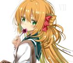  bangs blonde_hair blush candy clockwork_planet commentary_request food from_side green_eyes hair_between_eyes hair_ribbon lollipop long_hair looking_at_viewer looking_to_the_side marie_bell_breguet red_ribbon ribbon school_uniform serafuku shino_(eefy) solo upper_body 
