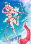  arm_up arrow balancing bangs belt bikini blonde_hair blue_eyes blue_sky blush bow_(weapon) breasts cloud cloudy_sky commentary_request day dutch_angle flag flower hair_flower hair_ornament halo leg_up long_hair looking_to_the_side medium_breasts ocean open_mouth original outdoors pouch red_flower sandals sidelocks sky solo sparkle standing standing_on_one_leg swimsuit tajima_ryuushi weapon white_bikini 