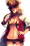  bikini black_hair breasts cleavage cowboy_shot fate/grand_order fate_(series) frilled_bikini_bottom frills grin hand_on_hip hat headphones headphones_around_neck jacket large_breasts long_hair looking_at_viewer moe_(hamhamham) navel oda_nobunaga_(fate) oda_nobunaga_(swimsuit_berserker)_(fate) open_clothes open_jacket peaked_cap red_eyes shirt_removed smile solo swimsuit very_long_hair 