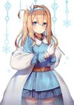  bangs blonde_hair blue_dress blue_eyes blush coat commentary_request cowboy_shot dress eyebrows_visible_through_hair fur_collar girls_frontline gloves hair_between_eyes hair_ornament hairband hanato_(seonoaiko) long_hair long_sleeves looking_at_viewer military military_uniform one_side_up open_clothes open_coat parted_lips sidelocks snowflake_hair_ornament snowflakes solo suomi_kp31_(girls_frontline) thighhighs twitter_username uniform white_gloves white_legwear zettai_ryouiki 