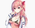  asymmetrical_bangs bangs bikini black_bikini blush bow breasts brown_eyes closed_mouth commentary expressionless eyebrows_visible_through_hair farcher girls_frontline hair_between_eyes hair_bow hair_ribbon long_hair long_sleeves looking_at_viewer medium_breasts negev_(girls_frontline) one_side_up open_clothes open_shirt pink_hair red_bow red_ribbon ribbon shirt simple_background solo swimsuit tsurime underboob upper_body white_background 