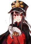  amamitsu_kousuke black_hair blush cape family_crest fate/grand_order fate_(series) flying_sweatdrops gloves hat highres koha-ace long_hair looking_at_viewer male_focus military military_hat military_uniform oda_nobukatsu_(fate/grand_order) oda_uri open_mouth peaked_cap ponytail red_eyes sidelocks solo tears uniform upper_body white_gloves 