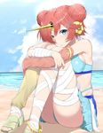  :t ass bad_id bad_pixiv_id bandages bare_shoulders beach blue_eyes breasts day fate/apocrypha fate/grand_order fate_(series) frankenstein's_monster_(fate) frankenstein's_monster_(swimsuit_saber)_(fate) hair_ornament hairclip heterochromia highres horn leg_hug medium_breasts ocean revision sand sandals sideboob solo suzuharu_toufu toes yellow_eyes 