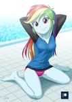 1girl bikini blue_skin breasts long_hair medium_breasts multicolored_hair my_little_pony my_little_pony_equestria_girls my_little_pony_friendship_is_magic pool rainbow_dash rainbow_hair red_eyes solo swimsuit swimsuit_under_clothes uotapo 