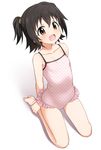  :d akagi_miria arms_behind_back bare_arms bare_legs barefoot black_hair brown_eyes casual_one-piece_swimsuit collarbone commentary_request frilled_swimsuit frills full_body hatakenaka_(kamagabuchi) highres idolmaster idolmaster_cinderella_girls looking_at_viewer one-piece_swimsuit open_mouth pink_swimsuit polka_dot polka_dot_swimsuit seiza short_hair short_twintails simple_background sitting smile soles solo swimsuit twintails unmoving_pattern white_background 