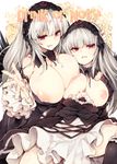  bangs black_dress breasts closed_mouth commentary_request cover cover_page doujin_cover dress eyebrows_visible_through_hair frills grey_hair half-closed_eyes hand_up headdress humanization lactation large_breasts long_hair looking_at_viewer multiple_girls nipples pale_skin parted_lips red_eyes rozen_maiden smile suigintou tongue tongue_out tousen vampire white_skin 