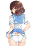  ass blush brown_hair commentary cowboy_shot eyebrows_visible_through_hair floral_print from_behind hair_between_eyes hibike!_euphonium highres looking_at_viewer looking_back nagayori oumae_kumiko panties parted_lips print_panties print_sailor_collar sailor_collar sailor_shirt school_uniform shirt short_hair simple_background skirt skirt_lift solo underwear white_background white_panties yellow_eyes 