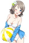 ;d ball bangs beachball bikini blue_eyes blush breasts cleavage cowboy_shot flower hair_flower hair_ornament halterneck highres light_brown_hair looking_at_viewer love_live! love_live!_sunshine!! medium_breasts off_shoulder one_eye_closed open_mouth rozen5 short_hair side-tie_bikini simple_background sleeves_past_wrists smile solo swept_bangs swimsuit thigh_gap watanabe_you white_background white_bikini 