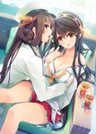  admiral_(kantai_collection) admiral_(kantai_collection)_(cosplay) bangs bare_shoulders black_hair breasts brown_hair cleavage collarbone cosplay double_bun dutch_angle eyebrows_visible_through_hair female_admiral_(kantai_collection) hair_between_eyes hairband hakama_skirt hand_up haruna_(kantai_collection) hat headgear ice ice_cube ichikawa_noa kantai_collection kongou_(kantai_collection) large_breasts long_hair long_sleeves looking_at_viewer military military_uniform mouth_hold multiple_girls nontraditional_miko parted_lips peaked_cap purple_eyes red_skirt remodel_(kantai_collection) sidelocks sitting skirt smile tareme thighs uniform yellow_eyes 