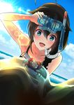  :d adapted_costume ahoge amagami_(makise_tsubaki) beach bikini blue_eyes braid brown_hair collarbone crab day hair_between_eyes hair_flaps kantai_collection long_hair ocean open_mouth remodel_(kantai_collection) sailor_bikini sailor_collar shigure_(kantai_collection) single_braid smile solo sun sunlight swimsuit 