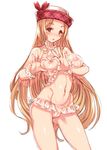  ass ass_visible_through_thighs bare_shoulders blonde_hair breasts brown_eyes diola_(granblue_fantasy) frilled_panties frills granblue_fantasy groin harigane_shinshi hat heart heart-shaped_boob_challenge heart_hands highres large_breasts long_hair looking_at_viewer navel nipple_press nipples panties scrunchie see-through simple_background solo underwear white_background wrist_scrunchie 