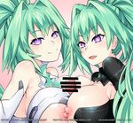  2girls bar_censor blush bodysuit breast_press breasts censored choujigen_game_neptune cleavage covered_nipples dual_persona gloves green_hair green_heart hetero kami_jigen_game_neptune_v large_breasts long_hair looking_at_viewer multiple_girls multiple_paizuri neptune_(series) nipples open_mouth paizuri penis pink_background ponytail pov power_symbol purple_eyes sereneandsilent shiny shiny_hair shiny_skin solo_focus symbol-shaped_pupils symmetrical_docking tied_hair upper_body very_long_hair 