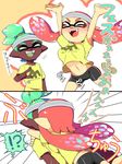  &gt;_&lt; +++ 1boy 1girl 2koma :d arms_up bike_shorts blush breast_press breasts comic dark_skin domino_mask emphasis_lines fangs glomp green_hair happy headband hug inkling kiss long_hair mask minamidena navel nose_blush open_mouth pointing pointy_ears red_hair shirt smile splatoon_(series) stomach surprised t-shirt tentacle_hair topknot translated xd 
