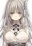  arms_at_sides bangs blush breasts clockwork_planet closed_mouth commentary_request corset hair_ornament long_hair looking_at_viewer medium_breasts ryuzu_(clockwork_planet) shino_(eefy) silver_hair smile solo upper_body yellow_eyes 