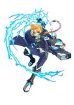  azure_striker_gunvolt blaster_master_zero boots braid electricity full_body gun gunvolt long_coat male_focus natsume_yuji navel neon_trim official_art parted_lips pointing pointing_at_viewer simple_background solo weapon white_background 