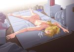  ass back bad_id bad_pixiv_id blonde_hair can closed_eyes commentary_request fate/apocrypha fate_(series) hot long_hair lying mordred_(fate) mordred_(fate)_(all) nude on_stomach ponytail shino_(comic_penguin_club) solo spread_legs steaming_body sweat trash_bag 