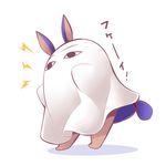  &lt;o&gt;_&lt;o&gt; barefoot bed_sheet chibi commentary_request fate/grand_order fate_(series) full_body lightning_bolt long_hair low-tied_long_hair medjed nitocris_(fate/grand_order) nitocris_(swimsuit_assassin)_(fate) purple_hair simple_background solo standing translated ushi white_background 