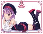  bangs commentary_request detached_sleeves fate/grand_order fate_(series) flat_chest hat helena_blavatsky_(fate/grand_order) looking_at_viewer lying matsuryuu one_eye_closed purple_eyes purple_hair short_hair smile thighhighs white_sleeves zettai_ryouiki 
