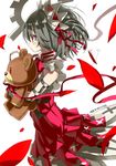  anchor_(clockwork_planet) bangs blush clockwork_planet closed_mouth commentary_request cowboy_shot doll_hug dress frilled_dress frills from_side grey_hair hairband looking_away petals profile red_dress red_eyes shino_(eefy) solo stuffed_animal stuffed_toy teddy_bear 