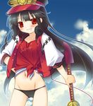  ass_visible_through_thighs bikini bikini_bottom black_bikini black_hair blush buster_shirt cameltoe cloud cowboy_shot day family_crest fate/grand_order fate_(series) grin hand_on_hip hat jacket long_hair looking_at_viewer navel oda_nobunaga_(fate) oda_nobunaga_(swimsuit_berserker)_(fate) oda_uri peaked_cap red_eyes shirt sky smile solo swimsuit sword tadano_tanuki tied_shirt very_long_hair weapon 