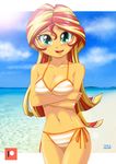  1girl beach bikini blonde_hair breasts cyan_eyes long_hair medium_breasts multicolored_hair my_little_pony my_little_pony_equestria_girls my_little_pony_friendship_is_magic red_hair side-tie_bikini solo sunset_shimmer swimsuit two-tone_hair uotapo yellow_skin 