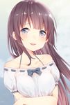  bangs bare_shoulders blouse blush brown_hair collarbone commentary_request eyebrows_visible_through_hair grey_eyes long_hair looking_at_viewer manatsuki_manata original parted_lips ribbon_trim short_sleeves smile solo spaghetti_strap tareme upper_body white_blouse 